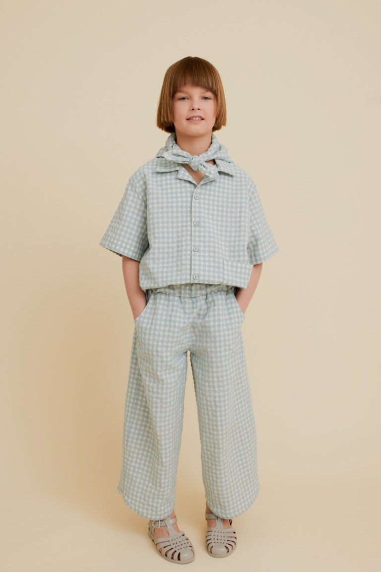 Check Wide-Leg Pants Light Blue