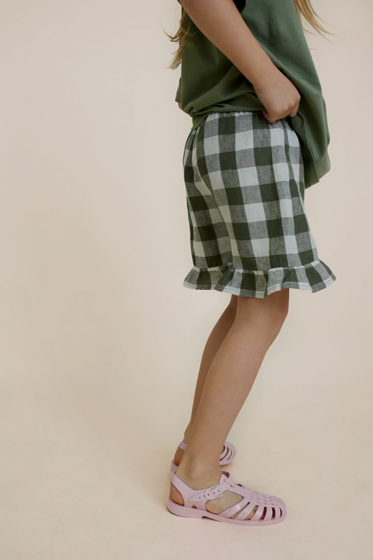 Checkered Linen Shorts with Ruffles